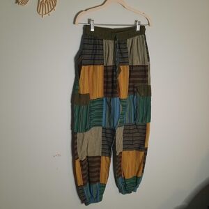 Hippie Patchwork Stripe Joggers Sz Med, Olive, Mustard, Blue, Whimsy, Fairy